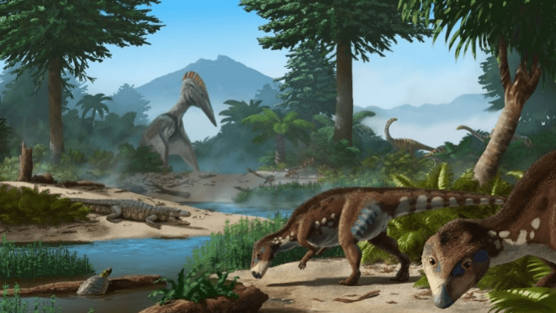 Noul dinozaur Transylvanosaurus platycephalus alături de ceilalți locuitori ai Insulei Hațeg
